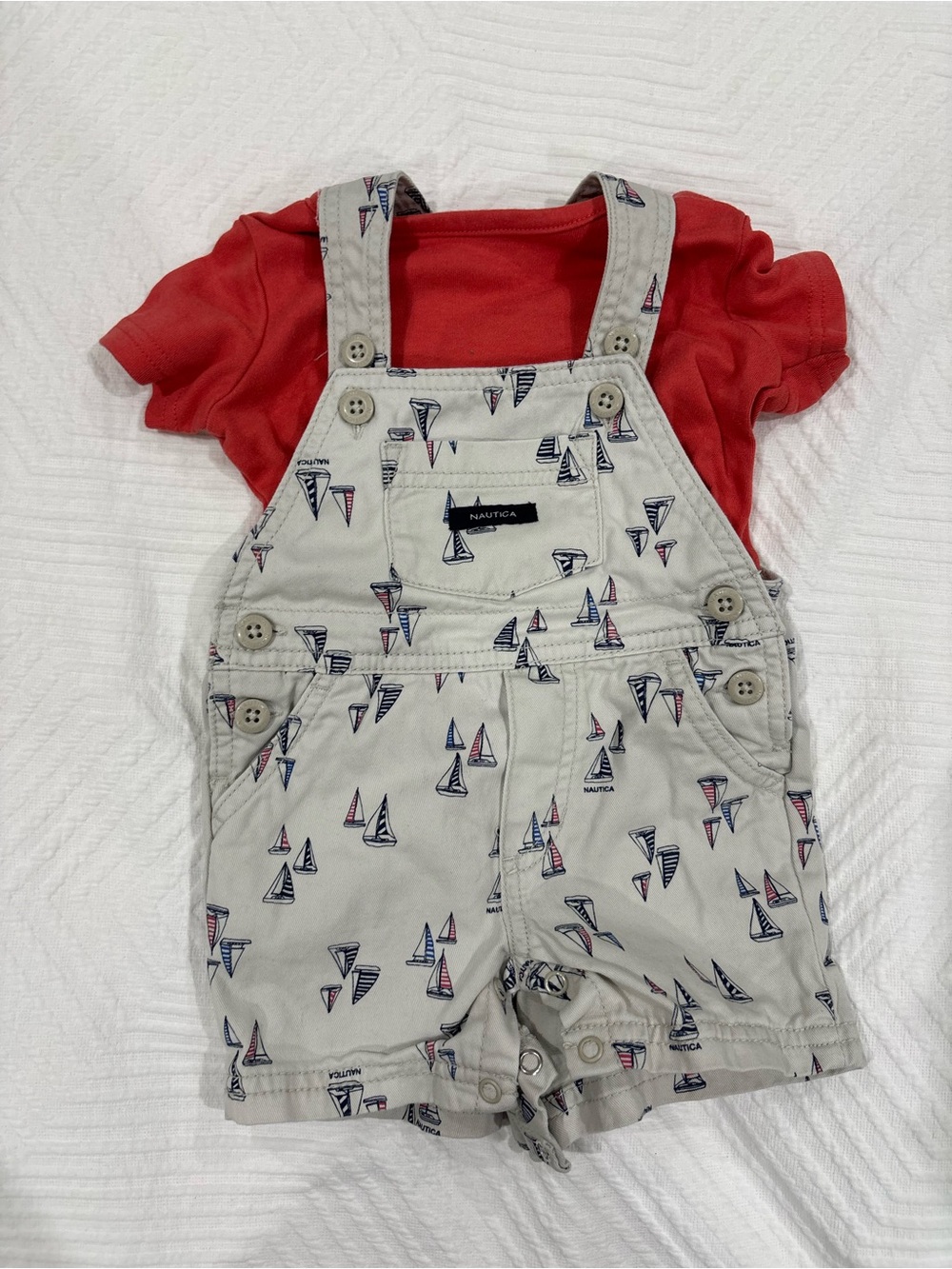 Nautica Red Tee with Nautica Sailboat Print Overalls - Kids